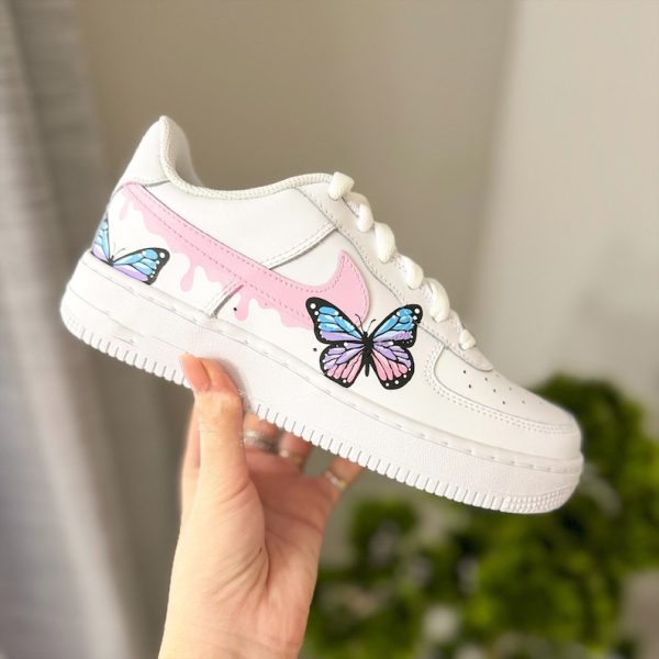 Custom Air Force 1 Butterflies Sneakers Blue and Pink Dripping