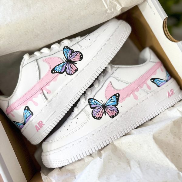 Custom Air Force 1 Butterflies Sneakers Blue and Pink Dripping